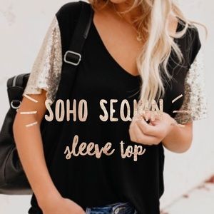 Soho Sequin Sleeve Top In Black